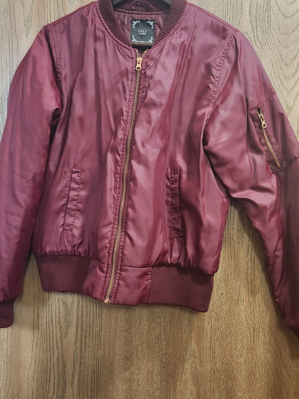 iris Maroon Bomber Jacket with Gold Zipper